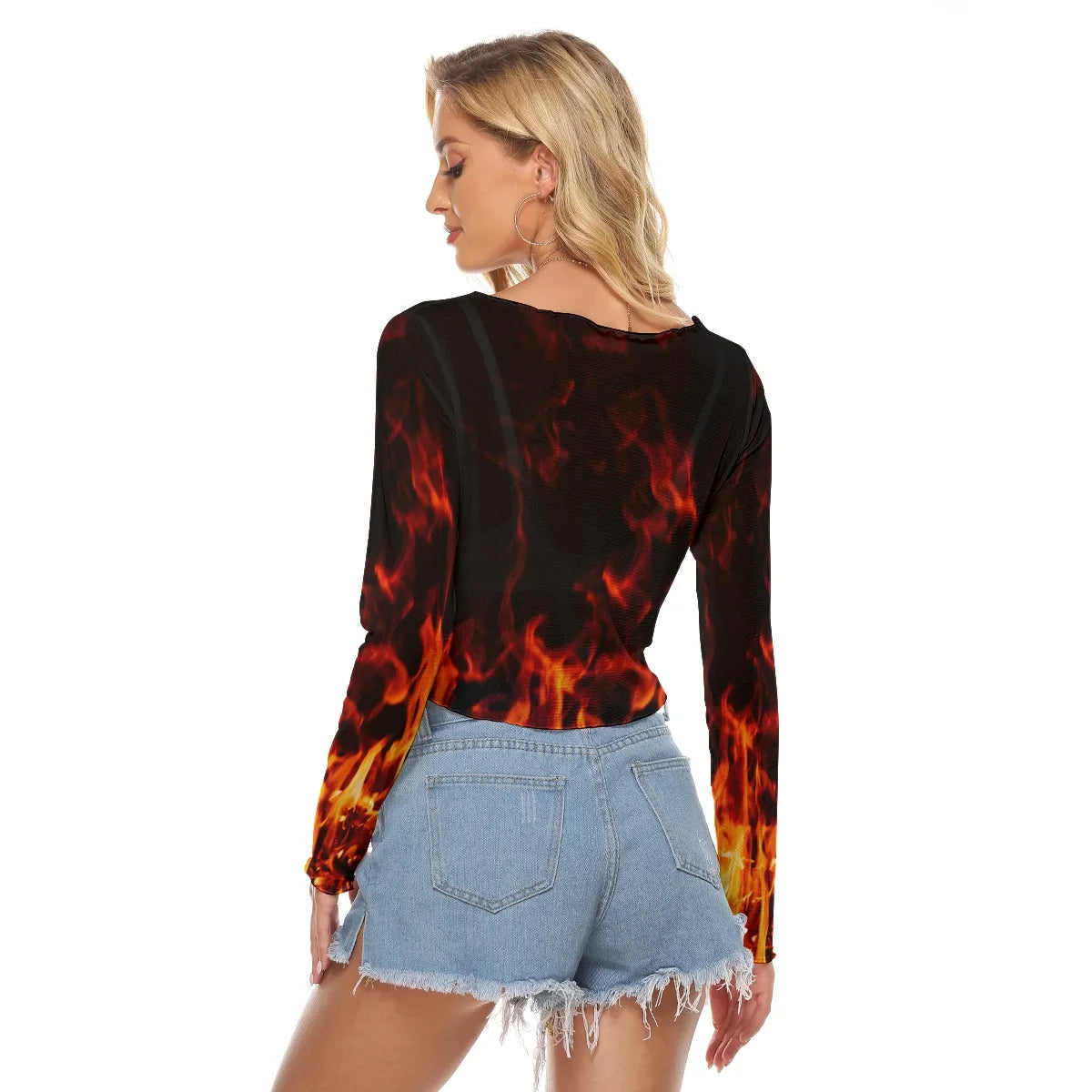 Orange Flame Print Women's Mesh Long Sleeve Top