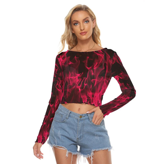 Pink Flame Print Women's Mesh Long Sleeves Top