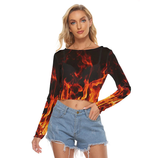 Orange Flame Print Women's Mesh Long Sleeve Top