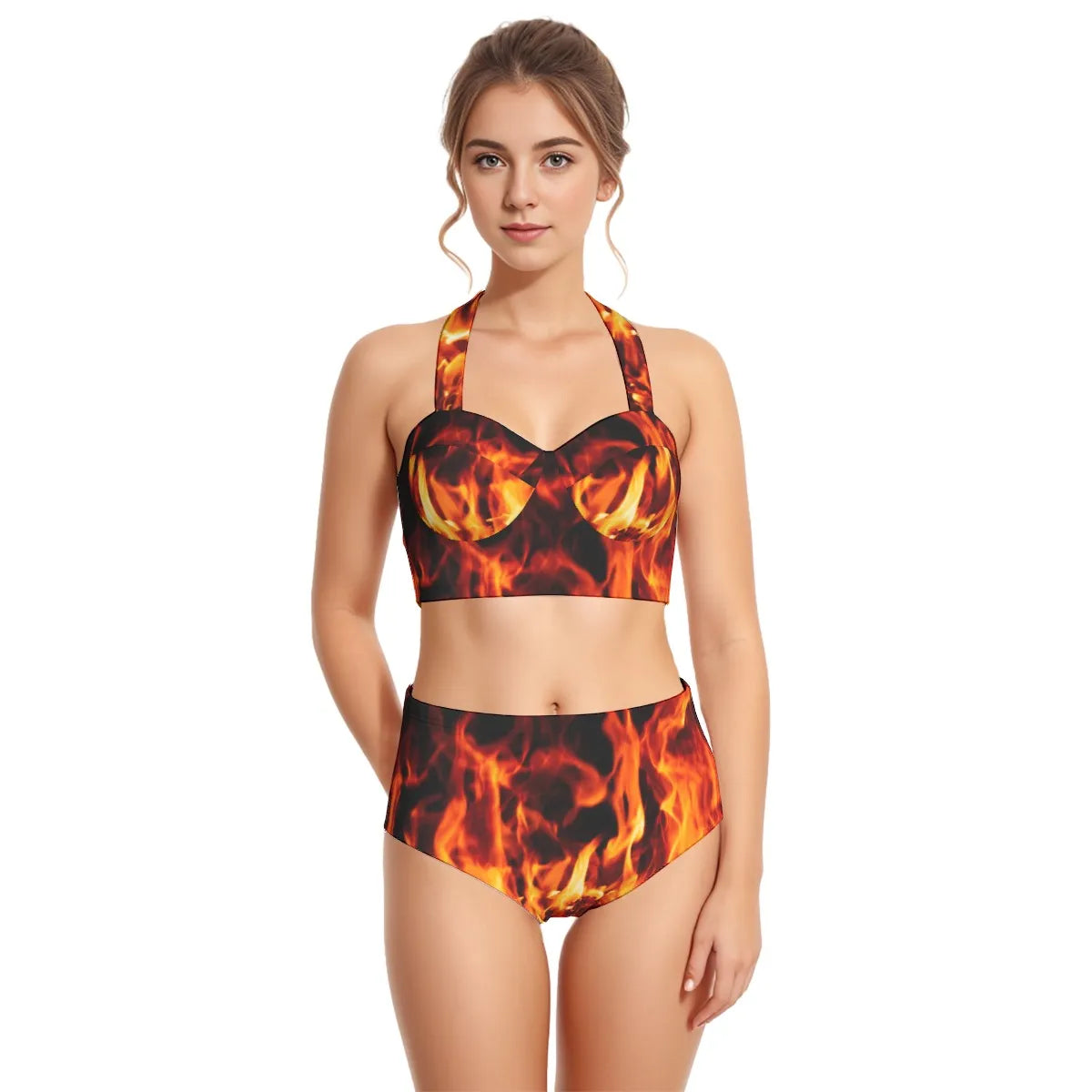 Flame Print Women's Swimsuit Set With Halter Neck