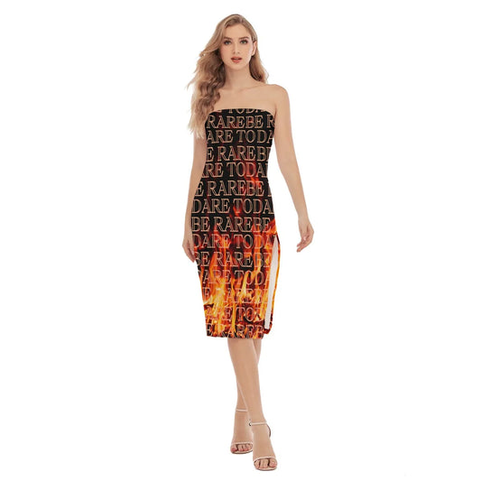 All-Over Text Print Women's Side Split Tube Top Dress