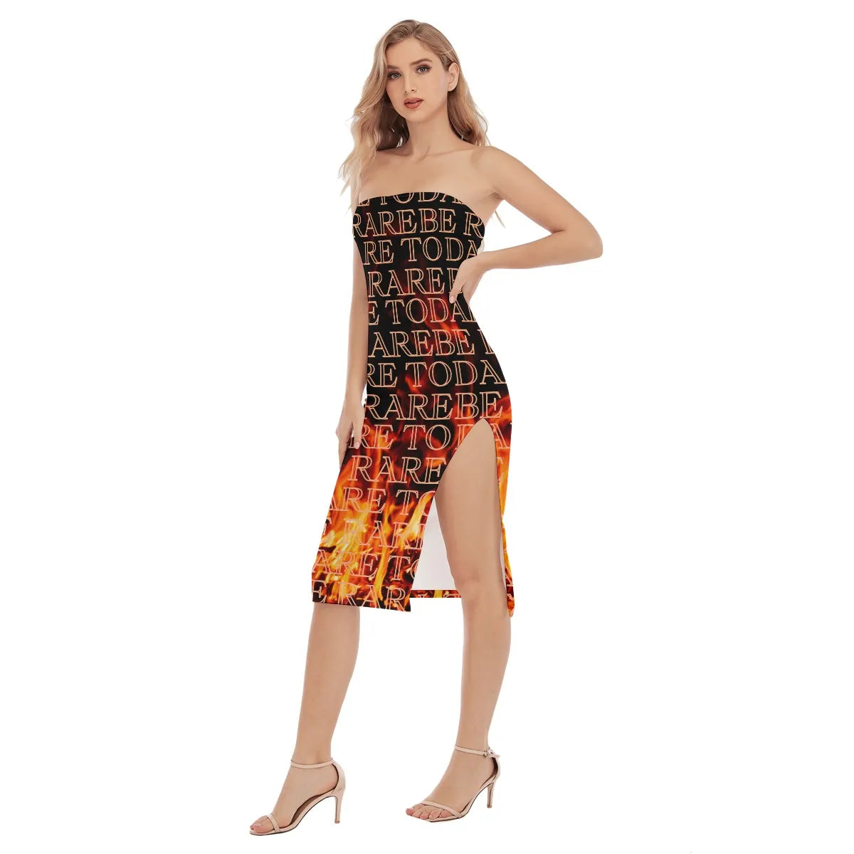 All-Over Text Print Women's Side Split Tube Top Dress