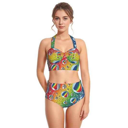 Multi Colour Print Women's Swimsuit Set With Halter Neck