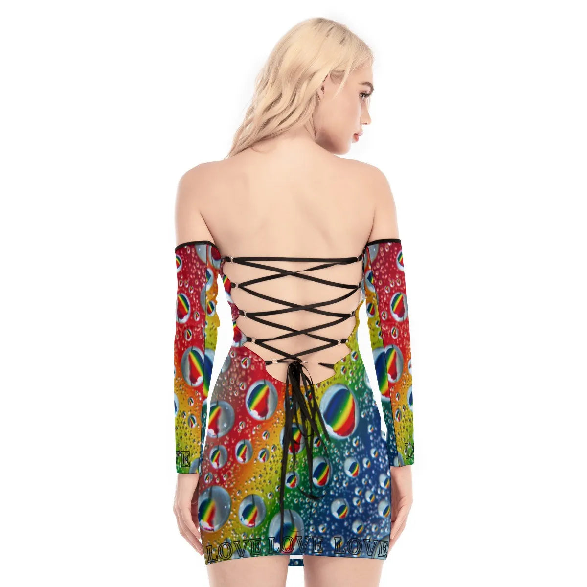 Multi Colour Print Women's Off-shoulder Back Lace-up Dress