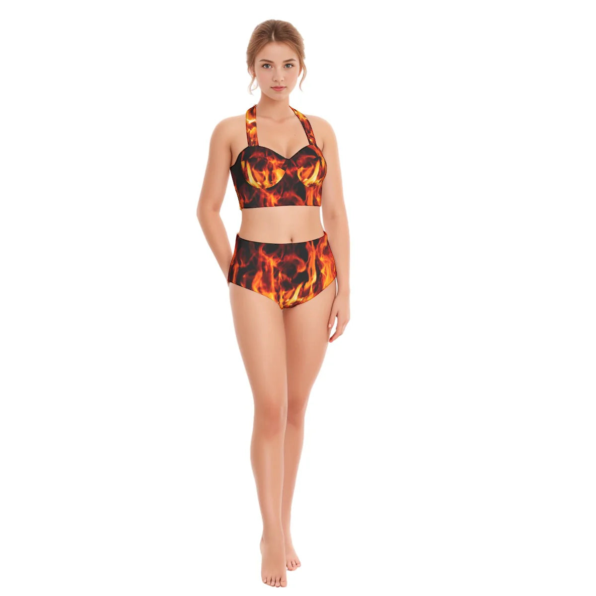 Flame Print Women's Swimsuit Set With Halter Neck